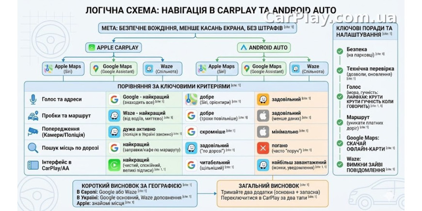 Навигация в CarPlay и Android Auto: Apple Maps, Google Maps или Waze для Украины и Европы